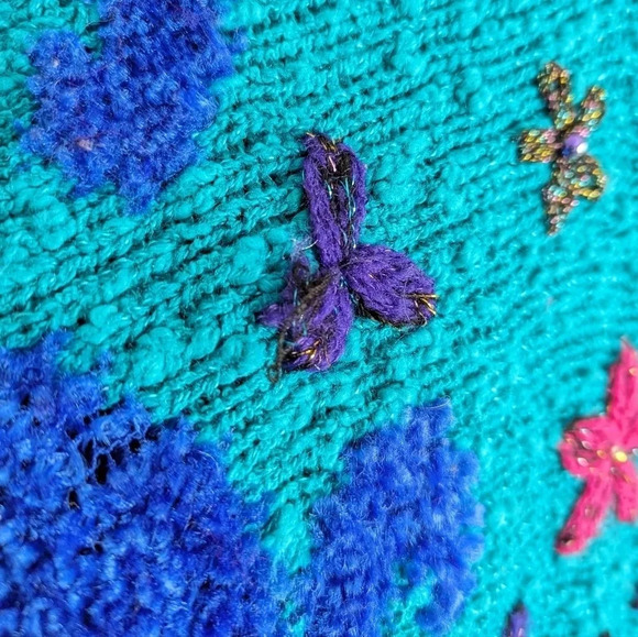 Vintage Acrylic Knit Sweater- Distinctly Different- Embellished Unique Teal Pink - Picture 6 of 12